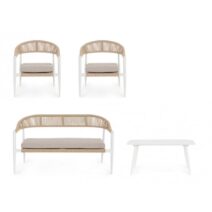Set salotto JANDIA con 1 divano, 2 poltrone e 1 tavolino in alluminio bianco e fibra intrecciata naturale