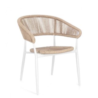 Set di 4 sedie ALGAIDA in alluminio bianco e fibre intrecciate beige, impilabili