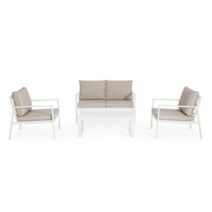 Set salotto HILDE con 1 divano, 2 poltroncine e 1 tavolino in alluminio bianco, con cuscini