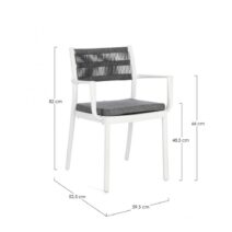 Set di 4 sedie ALVIN in polipropilene bianco e corda intrecciata grigio scuro, con braccioli