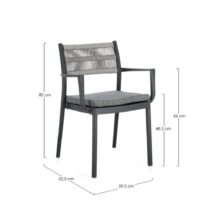 Set di 4 sedie ALVIN in polipropilene antracite e corda intrecciata grigio chiaro, con braccioli