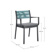 Set di 4 sedie ALVIN in polipropilene antracite e corda intrecciata blu, con braccioli