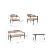 Set salotto JANDIA con 1 divano, 2 poltrone e 1 tavolino in alluminio antracite e fibra intrecciata naturale