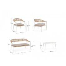 Set salotto JANDIA con 1 divano, 2 poltrone e 1 tavolino in alluminio bianco e fibra intrecciata naturale