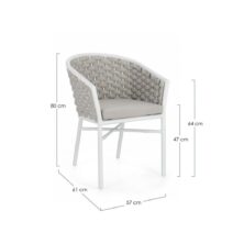 Set di 4 poltroncine MARGALIDA in alluminio bianco con intreccio in corda grigio, con braccioli