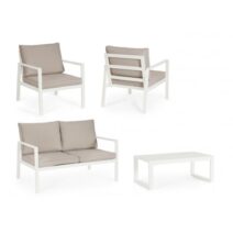 Set salotto HILDE con 1 divano, 2 poltroncine e 1 tavolino in alluminio bianco, con cuscini