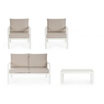 Set salotto HILDE con 1 divano, 2 poltroncine e 1 tavolino in alluminio bianco, con cuscini