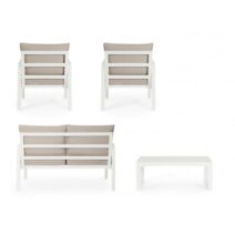 Set salotto HILDE con 1 divano, 2 poltroncine e 1 tavolino in alluminio bianco, con cuscini