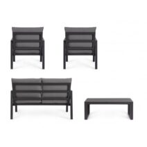 Set salotto HILDE con 1 divano, 2 poltroncine e 1 tavolino in alluminio antracite, con cuscini