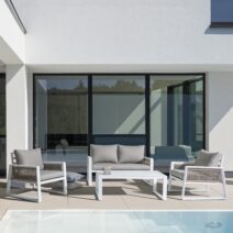 Set salotto CAPTIVA con 1 divano, 2 poltrone e 1 tavolino in alluminio bianco textilene tortora