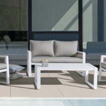 Set salotto CAPTIVA con 1 divano, 2 poltrone e 1 tavolino in alluminio bianco textilene tortora