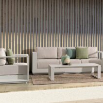 Set salotto MOSES con 1 divano, 2 poltrone e 1 tavolino in alluminio bianco panna