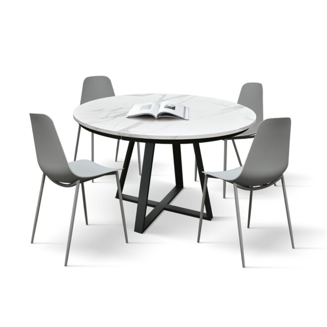 Tavolo rotondo PANTELLERIA in legno, finitura bianco statuario e gambe in metallo nero, allungabile Ø120xH75,3 cm - 170x120x75,3 cm