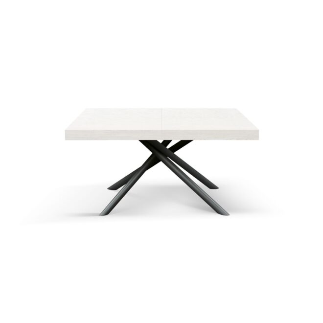 Tavolo CARRARA in legno, finitura bianco frassinato e base in metallo verniciato antracite, allungabile 180×90 cm – 260×90 cm