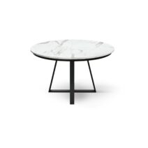 Tavolo rotondo PANTELLERIA in legno, finitura bianco statuario e gambe in metallo nero, allungabile Ø120xH75,3 cm - 170x120x75,3 cm