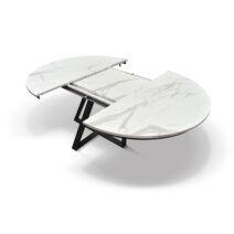 Tavolo rotondo PANTELLERIA in legno, finitura bianco statuario e gambe in metallo nero, allungabile Ø120xH75,3 cm - 170x120x75,3 cm