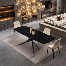 Tavolo BONIFACIO in ceramica nero Sahara e base in metallo verniciato nero, allungabile 140x90 cm - 200x90 cm