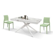 Tavolo CARRARA in legno, finitura bianco statuario e gambe in metallo bianco, allungabile 140x90 cm - 220x90 cm