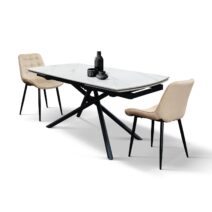 Tavolo BONIFACIO in ceramica bianco statuario e base in metallo verniciato nero, allungabile 140x90 cm - 200x90 cm