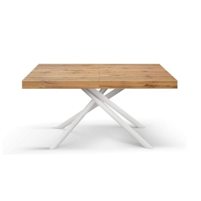 Tavolo CARRARA in legno, finitura rovere rustico e base in metallo verniciato bianco, allungabile 180×90 cm – 260×90 cm