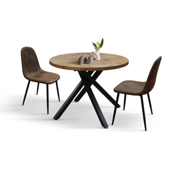 Tavolo rotondo ZARA in legno, finitura rovere rustico e gambe incrociate in metallo nero, allungabile Ø100xH75 cm - 140x100x75 cm