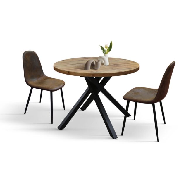Tavolo rotondo ZARA in legno, finitura rovere rustico e gambe incrociate in metallo nero, allungabile Ø100xH75 cm - 140x100x75 cm