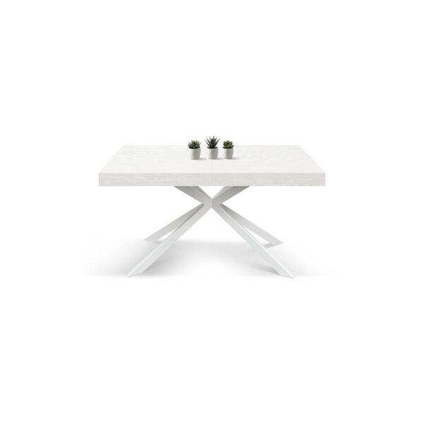Tavolo CAMAIORE in legno, finitura bianco frassinato e base a X in metallo bianco, allungabile 180×90 cm – 260×90 cm