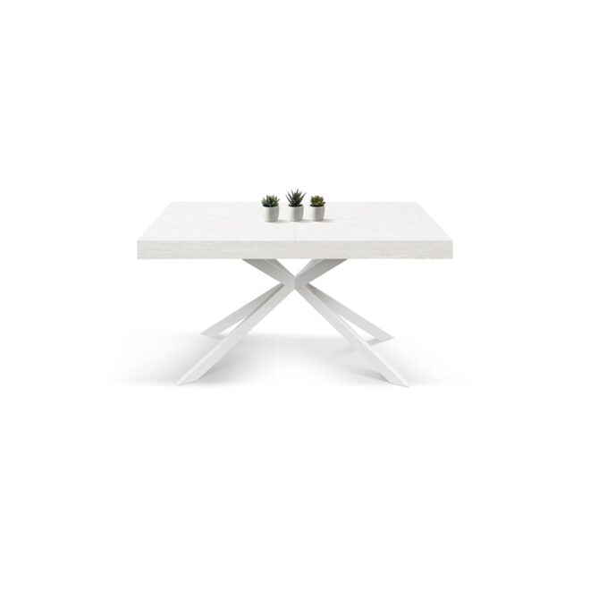 Tavolo CAMAIORE in legno, finitura bianco frassinato e base a X in metallo bianco, allungabile 180×90 cm – 260×90 cm