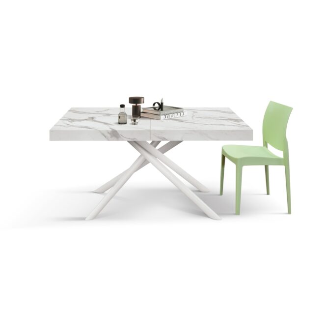 Tavolo CARRARA in legno, finitura bianco statuario e gambe in metallo bianco, allungabile 160x90 cm - 240x90 cm