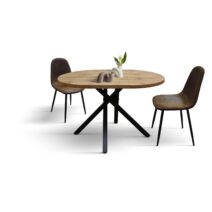 Tavolo rotondo ZARA in legno, finitura rovere rustico e gambe incrociate in metallo nero, allungabile Ø100xH75 cm - 140x100x75 cm
