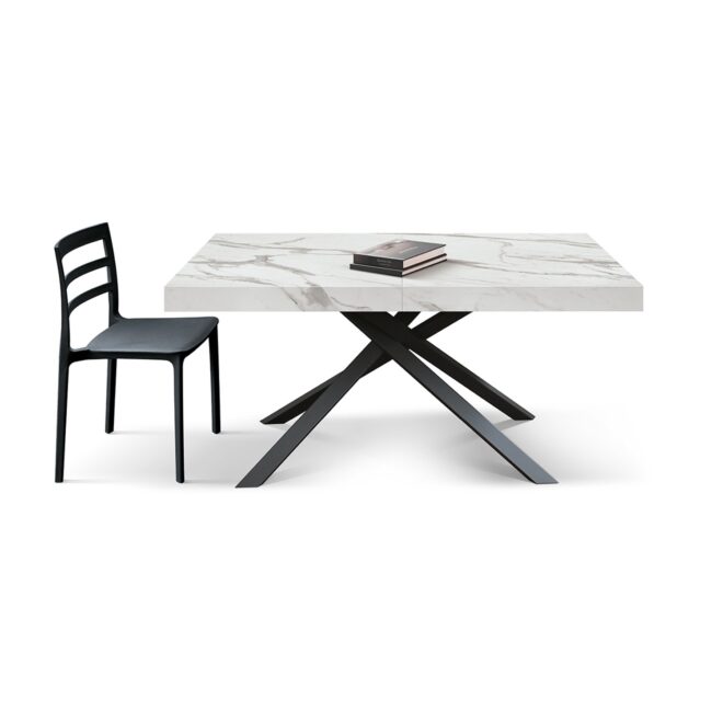 Tavolo FORTE DEI MARMI in legno, finitura bianco statuario e base in metallo nero, allungabile 160x90 cm - 240x90 cm