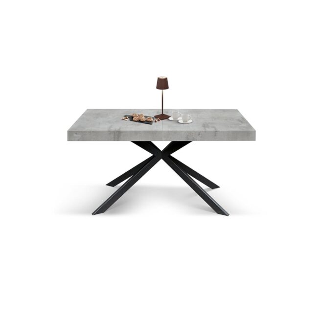 Tavolo CAMAIORE in legno, finitura grigio cemento e base a X in metallo antracite, allungabile 180×90 cm – 260×90 cm