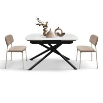 Tavolo BONIFACIO in ceramica bianco statuario e base in metallo verniciato nero, allungabile 120x88 cm - 180x88 cm