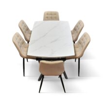 Tavolo BONIFACIO in ceramica bianco statuario e base in metallo verniciato nero, allungabile 140x90 cm - 200x90 cm