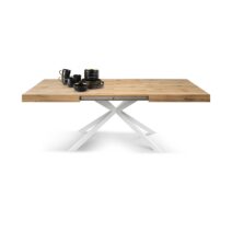 Tavolo CAMAIORE in legno, finitura rovere rustico e base a X in metallo bianco, allungabile 180×90 cm – 260×90 cm