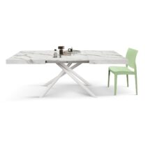 Tavolo CARRARA in legno, finitura bianco statuario e gambe in metallo bianco, allungabile 140x90 cm - 220x90 cm