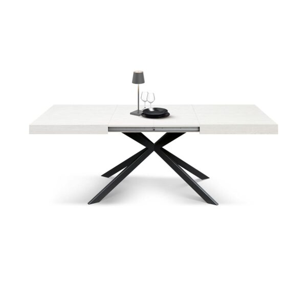 Tavolo CAMAIORE in legno, finitura bianco frassinato e base a X in metallo antracite, allungabile 180×90 cm – 260×90 cm
