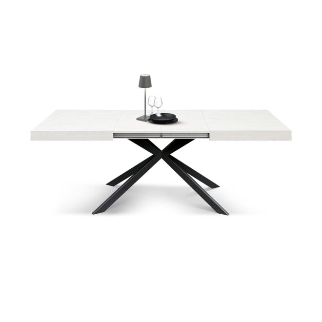 Tavolo CAMAIORE in legno, finitura bianco frassinato e base a X in metallo antracite, allungabile 180×90 cm – 260×90 cm