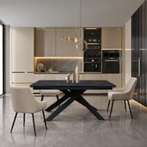 Tavolo CALVI in ceramica, effetto marmo nero e base in metallo verniciato nero, allungabile 160x90 cm-240x90 cm