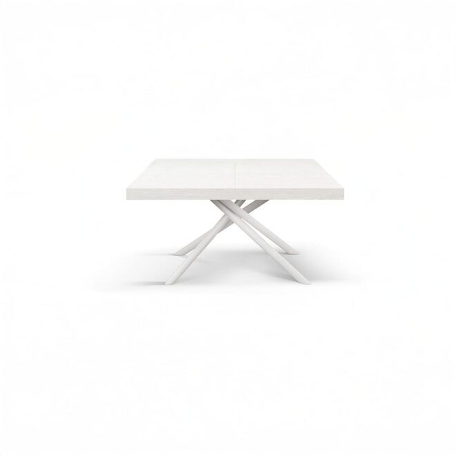 Tavolo CARRARA in legno, finitura bianco frassinato e base in metallo verniciato bianco, allungabile 180×90 cm – 260×90 cm