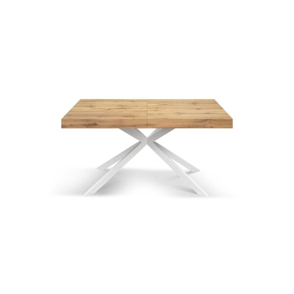 Tavolo CAMAIORE in legno, finitura rovere rustico e base a X in metallo bianco, allungabile 180×90 cm – 260×90 cm
