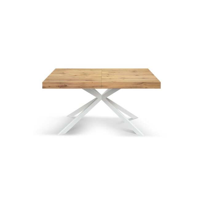 Tavolo CAMAIORE in legno, finitura rovere rustico e base a X in metallo bianco, allungabile 180×90 cm – 260×90 cm