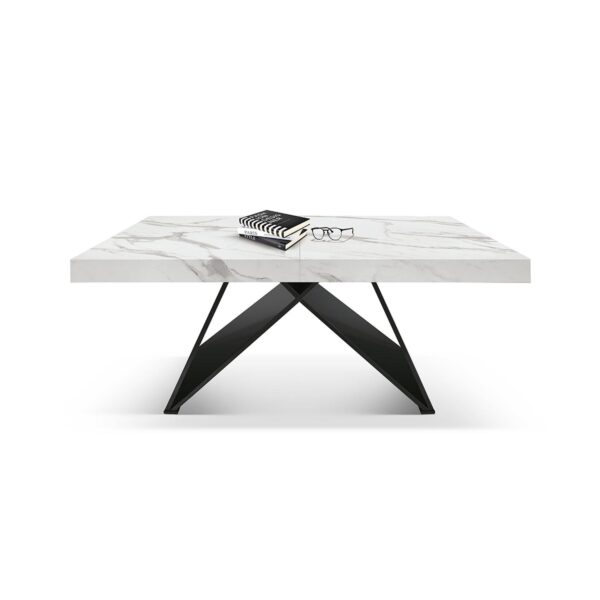 Tavolo VULCANO in legno, finitura bianco statuario e base in legno mdf nero, allungabile 160x90 cm - 240x90 cm