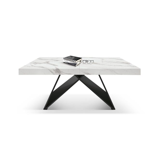 Tavolo VULCANO in legno, finitura bianco statuario e base in legno mdf nero, allungabile 160x90 cm - 240x90 cm