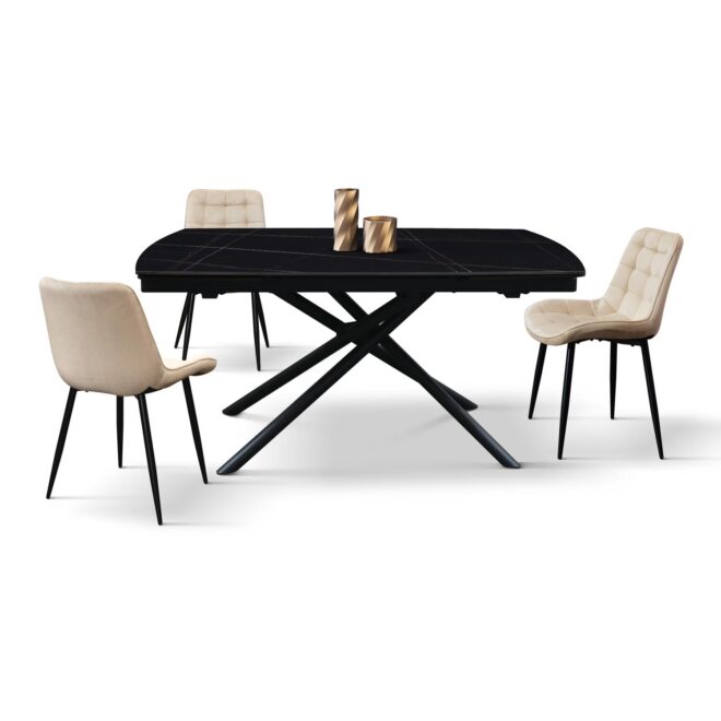 Tavolo BONIFACIO in ceramica nero Sahara e base in metallo verniciato nero, allungabile 160x90 cm - 240x90 cm