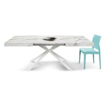 Tavolo CAMAIORE in legno, finitura bianco statuario e gambe a X in metallo bianco, allungabile 140x90 cm - 220x90 cm