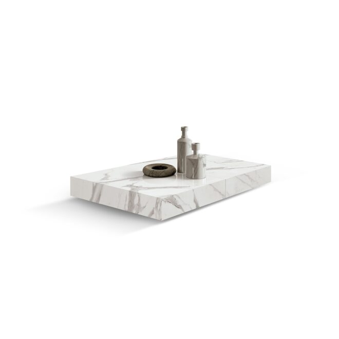Tavolino CAMOGLI in legno, finitura bianco statuario e base in metallo nero trasformabile, 120x80 cm - 220x80 cm
