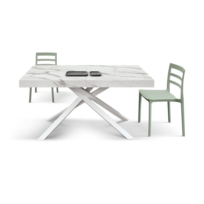 Tavolo FORTE DEI MARMI in legno, finitura bianco statuario e base in metallo bianco, allungabile 160x90 cm - 240x90 cm