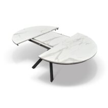 Tavolo rotondo PANTELLERIA in legno, finitura bianco statuario e gambe in metallo nero, allungabile Ø120xH75,3 cm - 170x120x75,3 cm