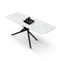Tavolo BONIFACIO in ceramica bianco statuario e base in metallo verniciato nero, allungabile 140x90 cm - 200x90 cm